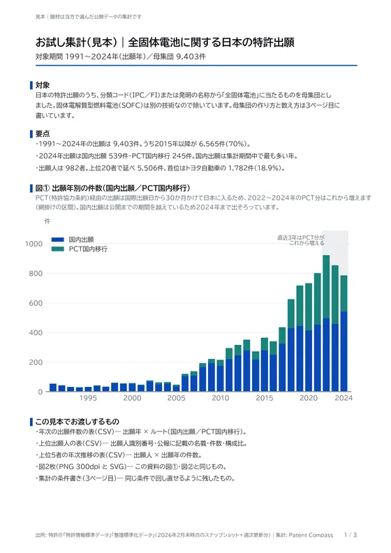 お試し集計の資料 1ページ目|対象・要点・年次の出願件数